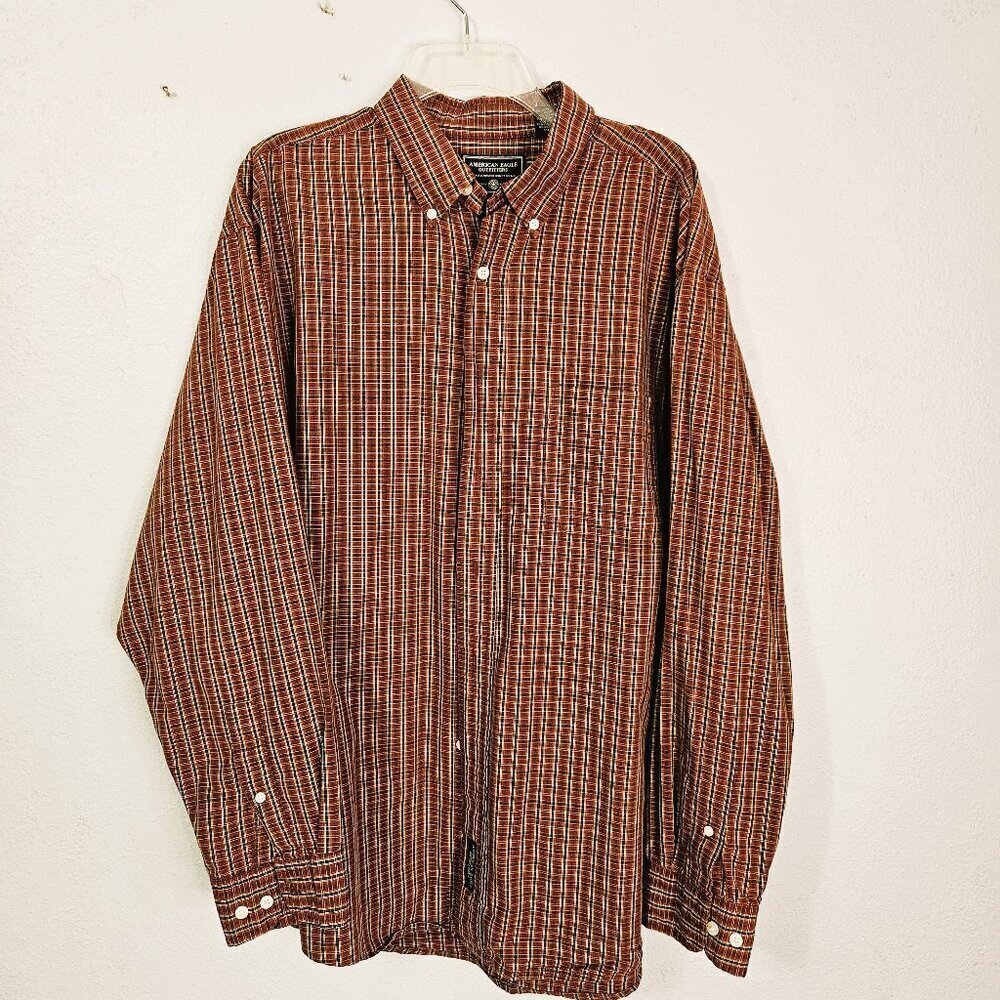 American Eagle Outfitters Men's Casual Burgundy Check Long Sleeve Shirt Size XL